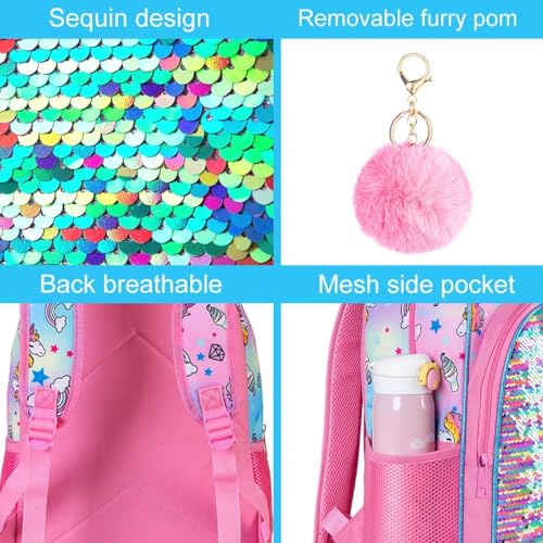 GXTVO 3PCS Unicorn Backpack for Girls, 16" Sequin Prechool Elementary Bookbag and Lunch Box - Image 5
