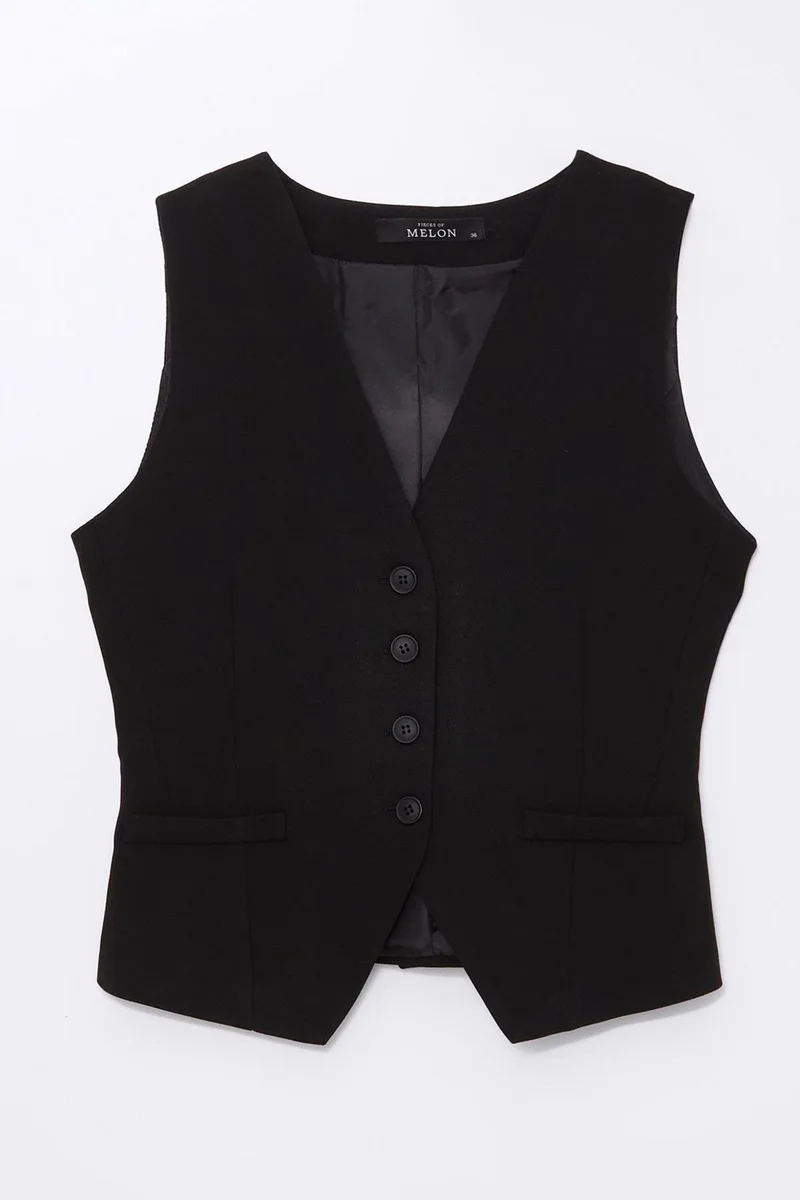 بيسز اوف ميلون Black V-Neck Dart Detailed Lined Vest