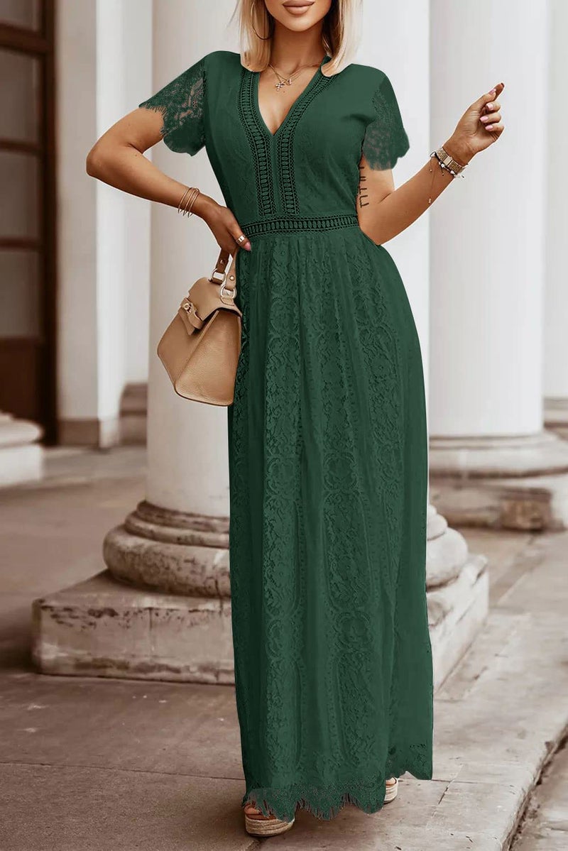 MEROKEETY Women's 2026 V Neck Short Sleeve Floral Lace Wedding Dress A Line Boho Bridesmaid Cocktail Party Maxi Dress, DarkGreen, Medium - Image 2