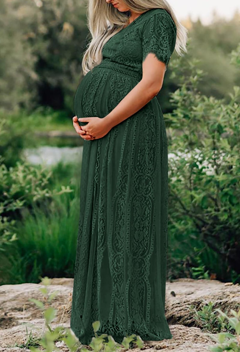 MEROKEETY Women's 2026 V Neck Short Sleeve Floral Lace Wedding Dress A Line Boho Bridesmaid Cocktail Party Maxi Dress, DarkGreen, Medium - Image 4