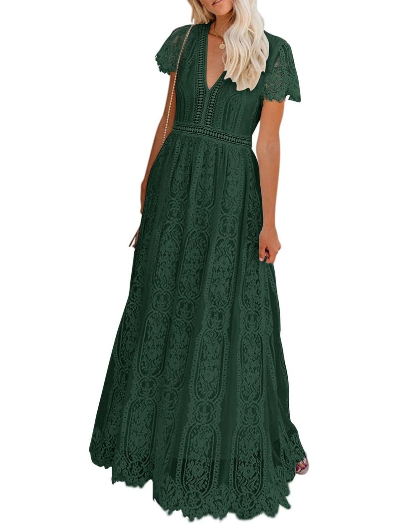 MEROKEETY Women's 2026 V Neck Short Sleeve Floral Lace Wedding Dress A Line Boho Bridesmaid Cocktail Party Maxi Dress, DarkGreen, Medium - Image 1