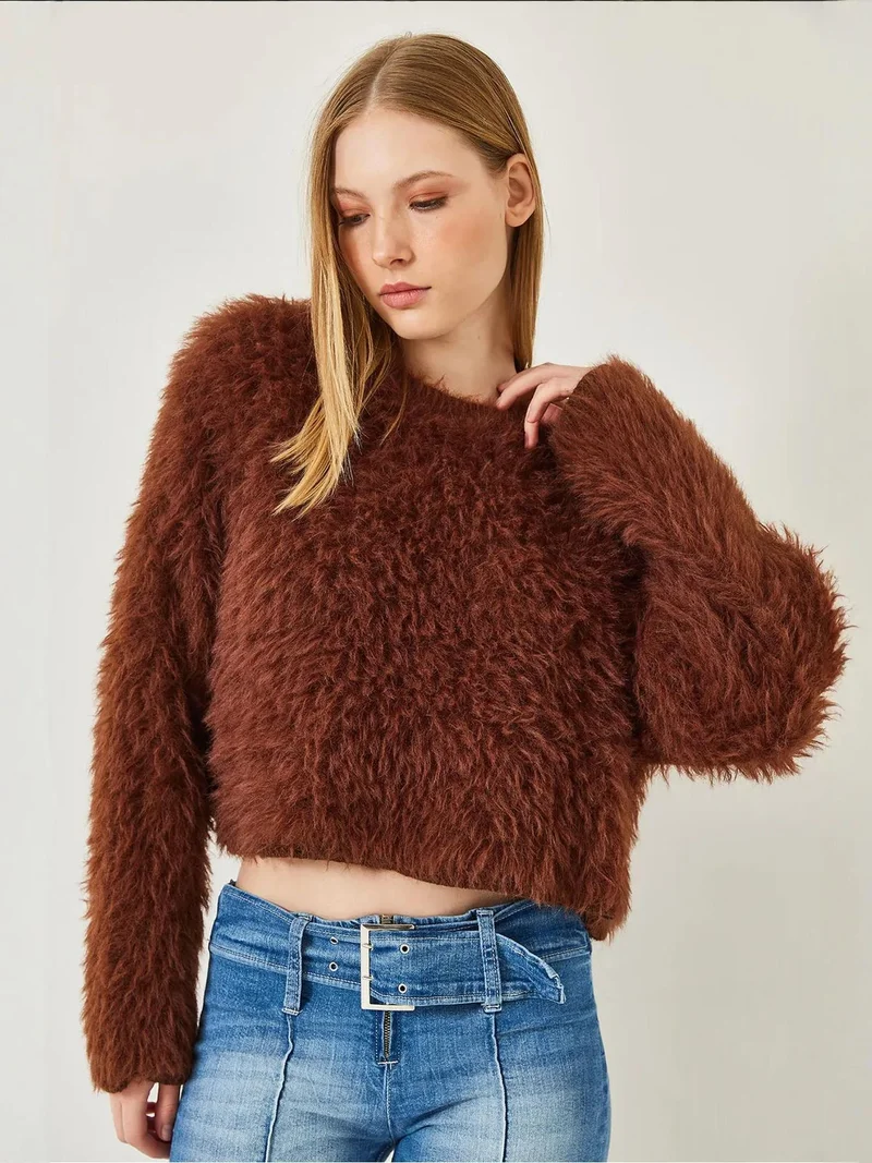 Others - invalid brand LUCCI Textured Crew Neck Crop Sweater with Plush Detail