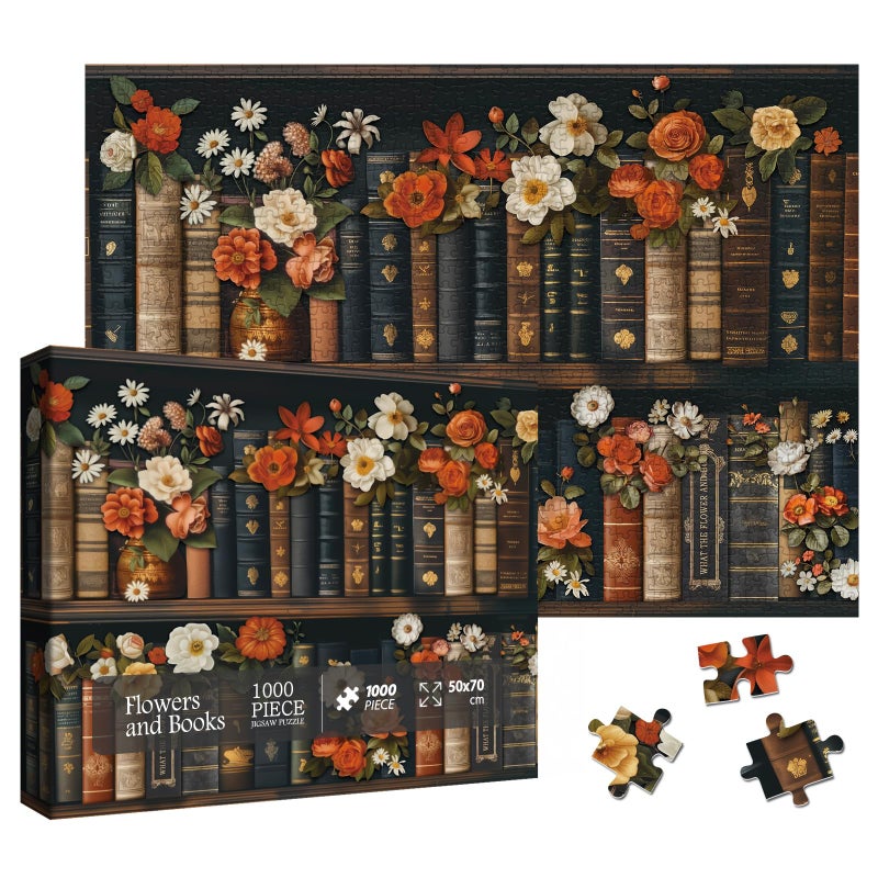 Larkipuzz Vintage Books Wildflower Puzzles for Adults 1000 Pieces Beautiful Bookshelf Plant Flower Jigsaw Puzzles Art Challenging Retro Floral Pages Puzzle - Image 3