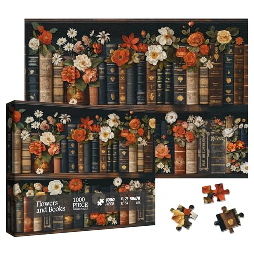 Larkipuzz Vintage Books Wildflower Puzzles for Adults 1000 Pieces Beautiful Bookshelf Plant Flower Jigsaw Puzzles Art Challenging Retro Floral Pages Puzzle - Image 1