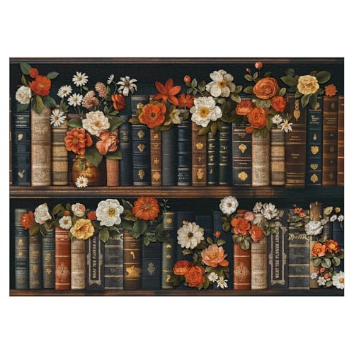 Larkipuzz Vintage Books Wildflower Puzzles for Adults 1000 Pieces Beautiful Bookshelf Plant Flower Jigsaw Puzzles Art Challenging Retro Floral Pages Puzzle - Image 5