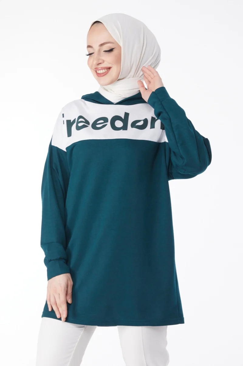 Tofisa Plain Hooded Collar Women's Emerald Printed Hooded Sweatshirt - 13134