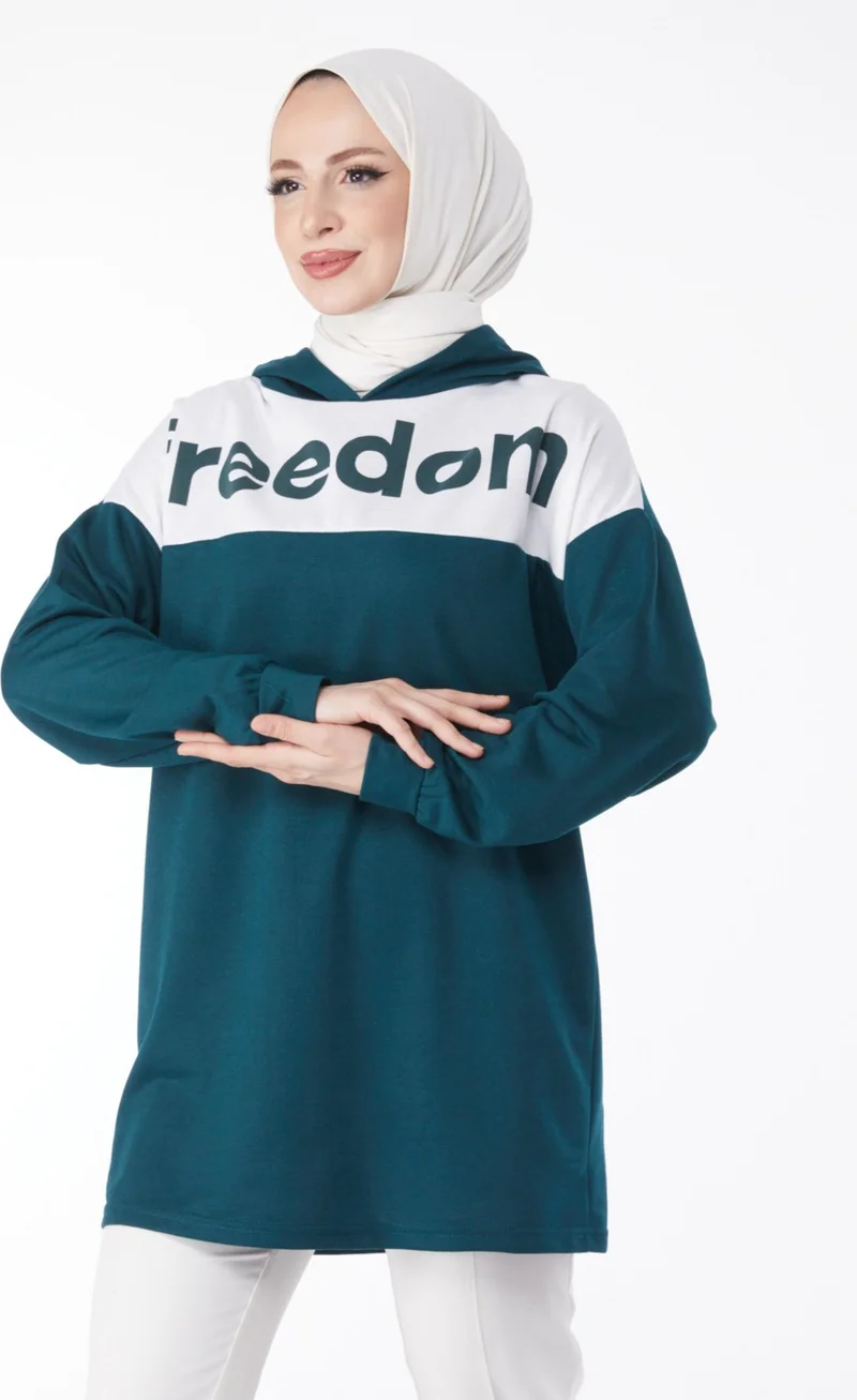 Tofisa Plain Hooded Collar Women's Emerald Printed Hooded Sweatshirt - 13134