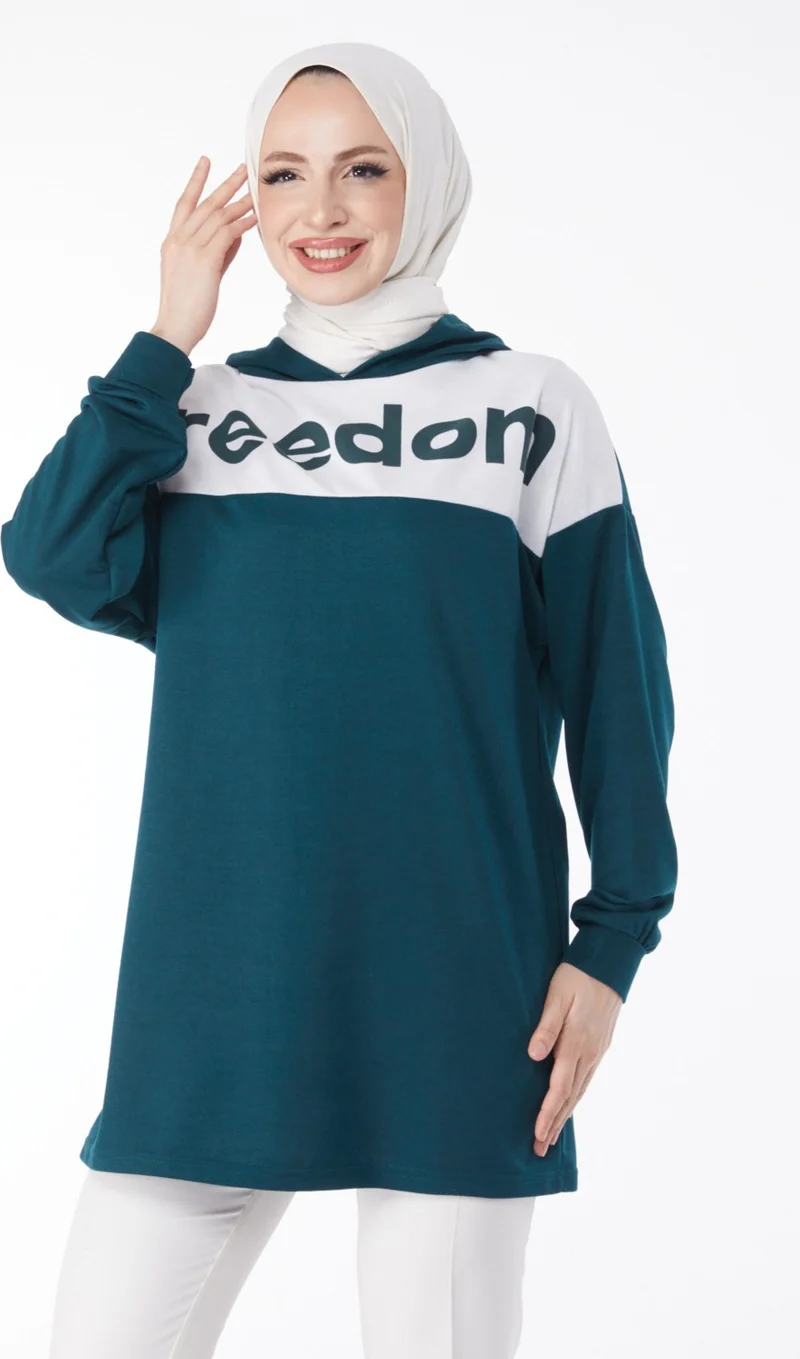 Tofisa Plain Hooded Collar Women's Emerald Printed Hooded Sweatshirt - 13134