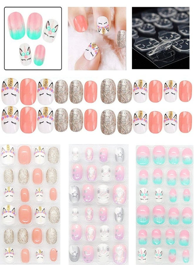 Pumkryth Rain Bingo 72 Pieces False Nails Press on Nails for Kids- Unicorn Short Fake Artificial Full Cover Nail Art Kits Transation with Nail Glue Tabs for Girls Children - Image 1