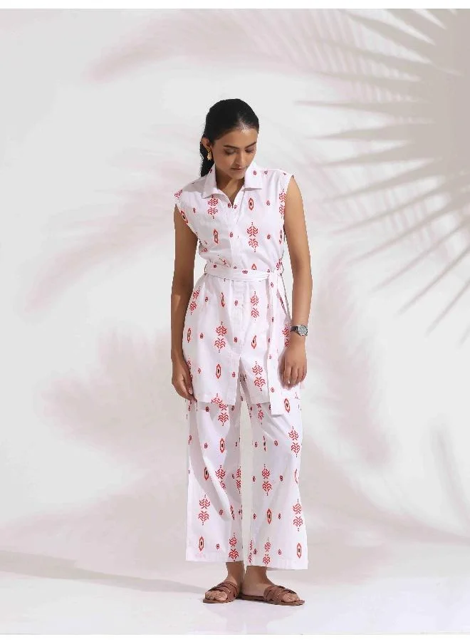 trueBrowns trueBrowns White Cotton Print Tie-up Top & Pants Co-ord Set