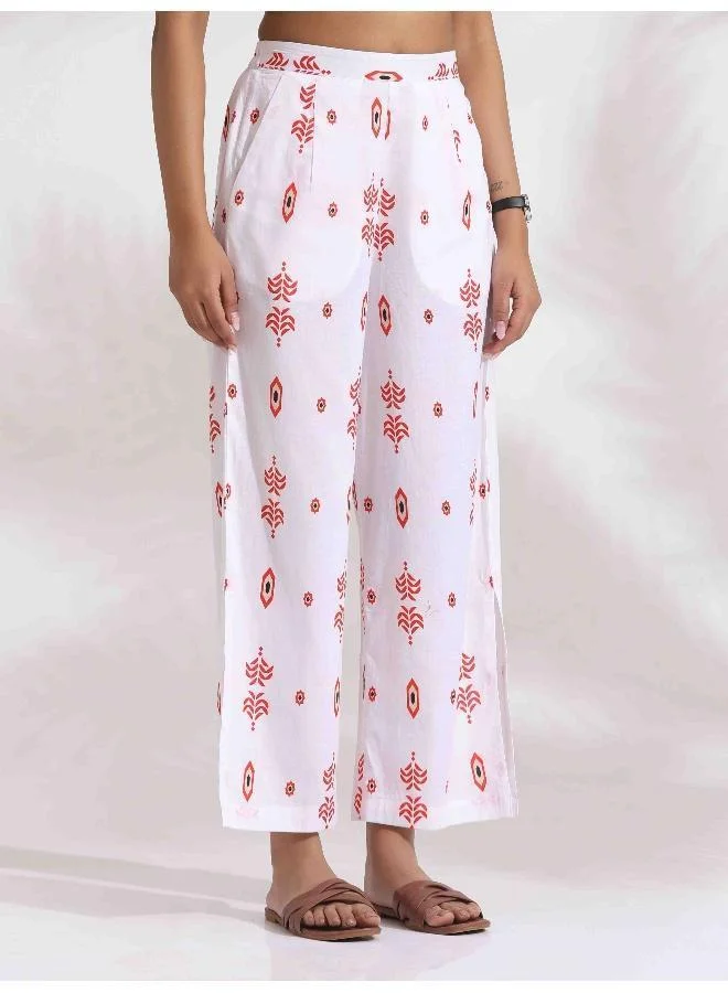 ترو برونز trueBrowns White Cotton Print Tie-up Top & Pants Co-ord Set
