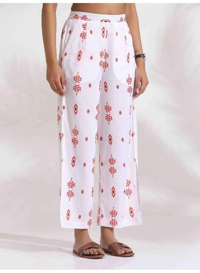 trueBrowns trueBrowns White Cotton Print Tie-up Top & Pants Co-ord Set