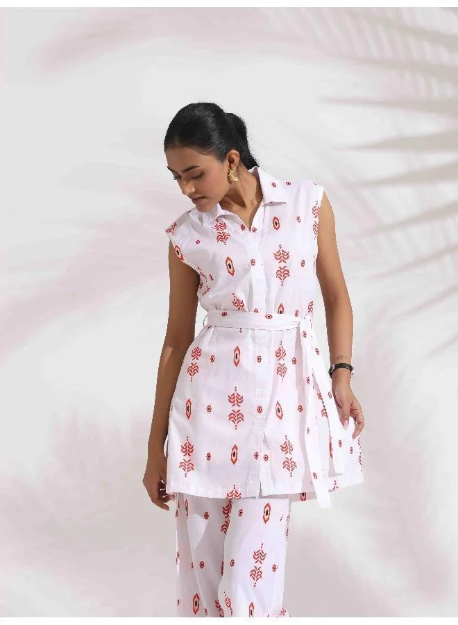 trueBrowns trueBrowns White Cotton Print Tie-up Top & Pants Co-ord Set