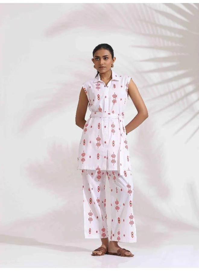 trueBrowns trueBrowns White Cotton Print Tie-up Top & Pants Co-ord Set