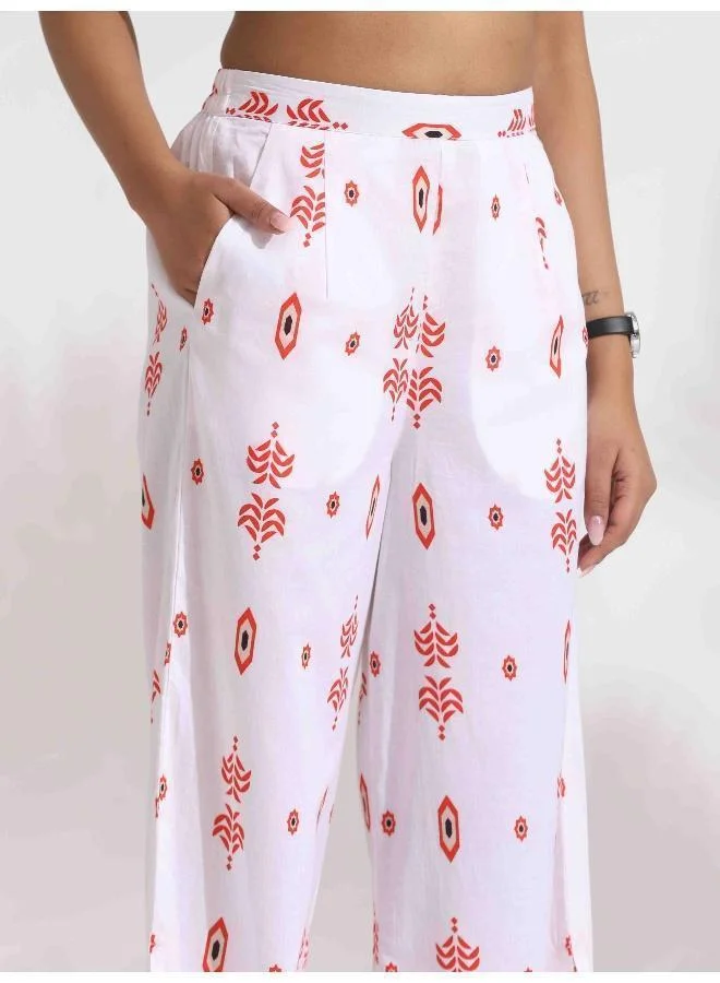 trueBrowns trueBrowns White Cotton Print Tie-up Top & Pants Co-ord Set