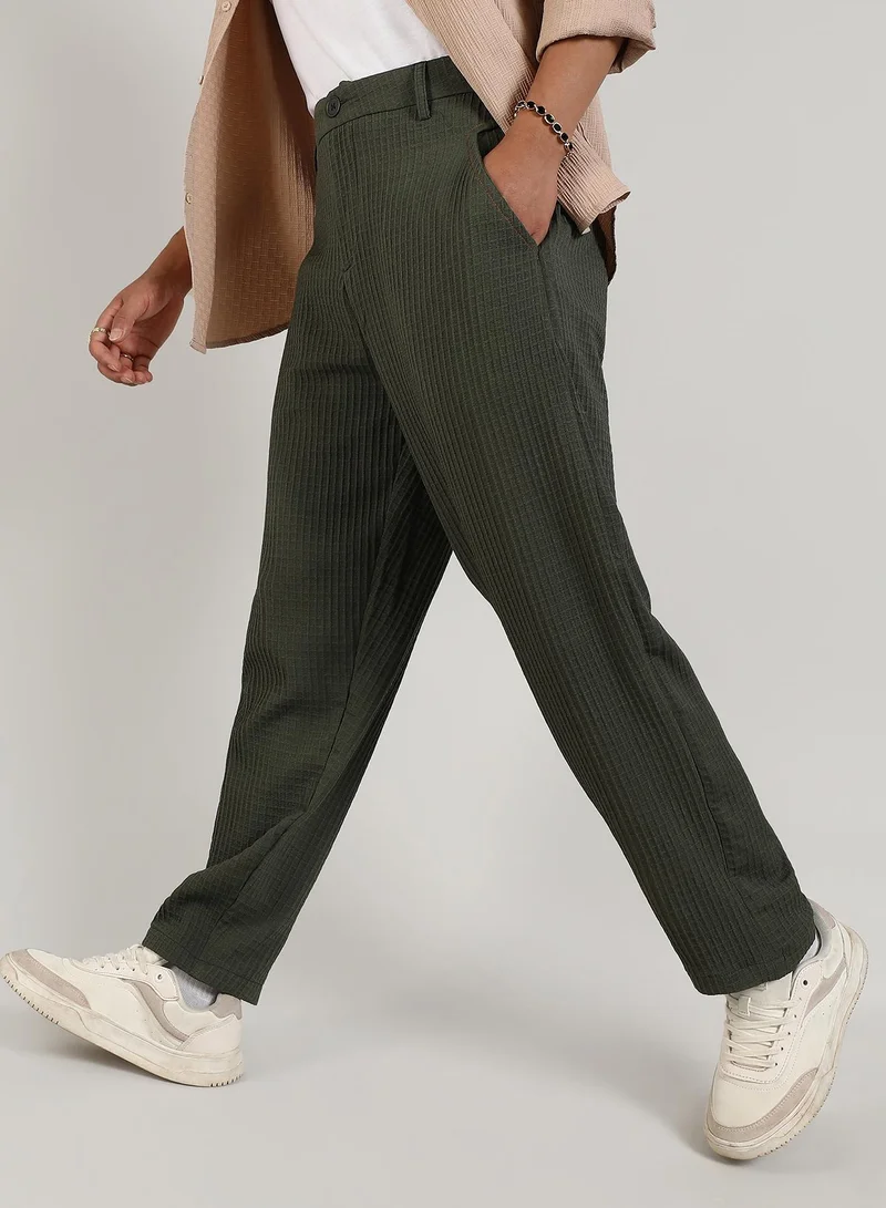 Campus Sutra Men's Army Green Textured Graph Check Trousers
