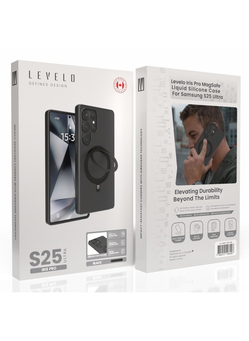 LEVELO - S25 Ultra Magsafe Case Iris Pro Liquid Silicone Case / Built-In Stand / Impact-Resistant Corners / Metal Camera Ring /  Drop Protecting Magsafe Back Cover - Black - Image 1