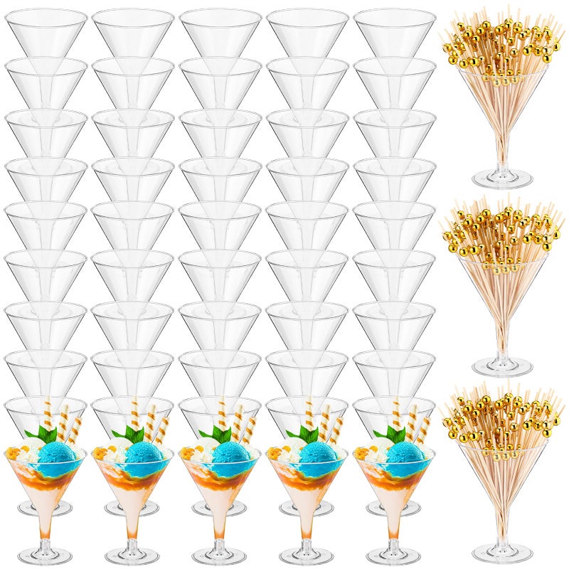 Irenare Clear Plastic Martini Glasses and Gold Pearl Cocktail Picks Set Disposable Plastic Martini Cups Clear Mini Dessert Glasses for Weddings Party Wine Appetizers Food100 Pcs7 oz