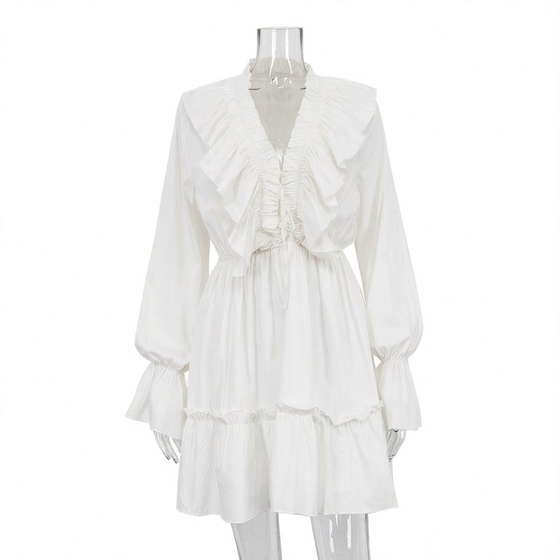 V Neck Ruffle Flounce Dress with Puff Sleeves, Pleated A-Line Midi Dress for Women - Image 5