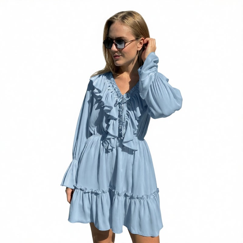 V Neck Ruffle Flounce Dress with Puff Sleeves, Pleated A-Line Midi Dress for Women - Image 2