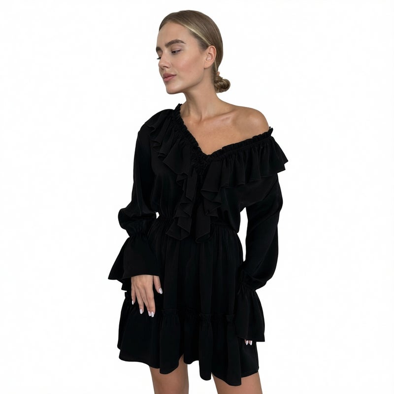 V Neck Ruffle Flounce Dress with Puff Sleeves, Pleated A-Line Midi Dress for Women - Image 4