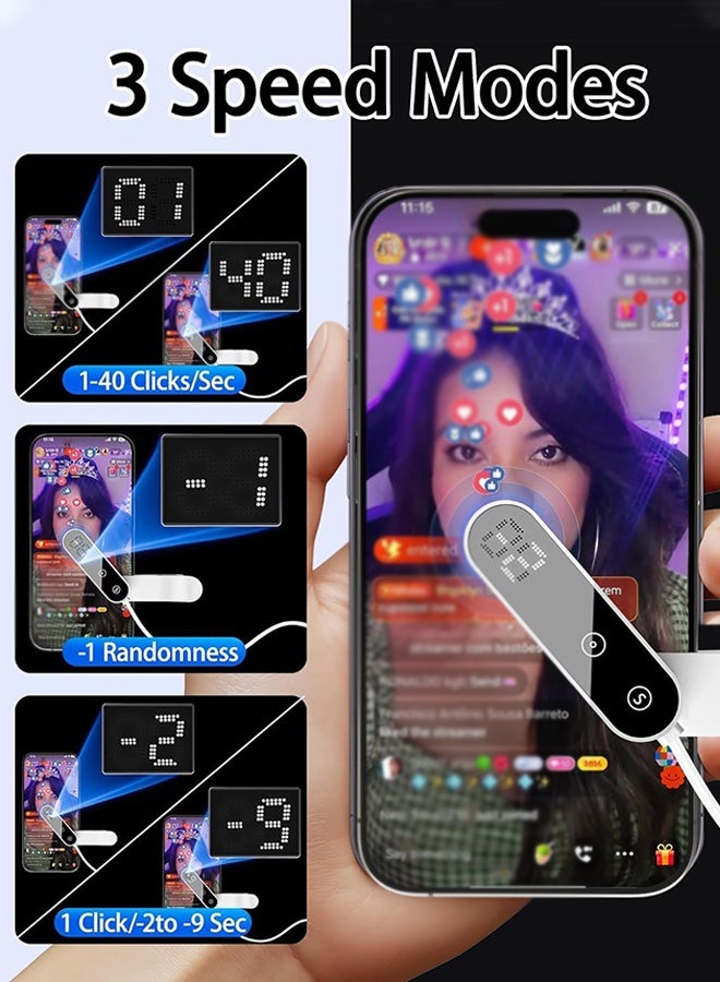 دبليو أف أف أو نقر أوتوماتيكي للهاتف الذكي - مع شاشة رقمية - سرعة قابلة للتعديل على شاشة الهاتف، التنصت التلقائي لتطبيقات آيفون آيباد، نقرة سريعة على شاشة TIK Tok، الألعاب، البث المباشر، الإعجابات، النقر المادي - واجهة USB عالمية - أبيض - Image 3