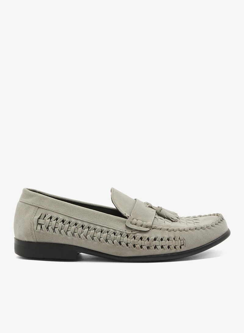 MENS GREY FAUX SUEDE LOAFER WITH WOVEN DETAIL TASSEL