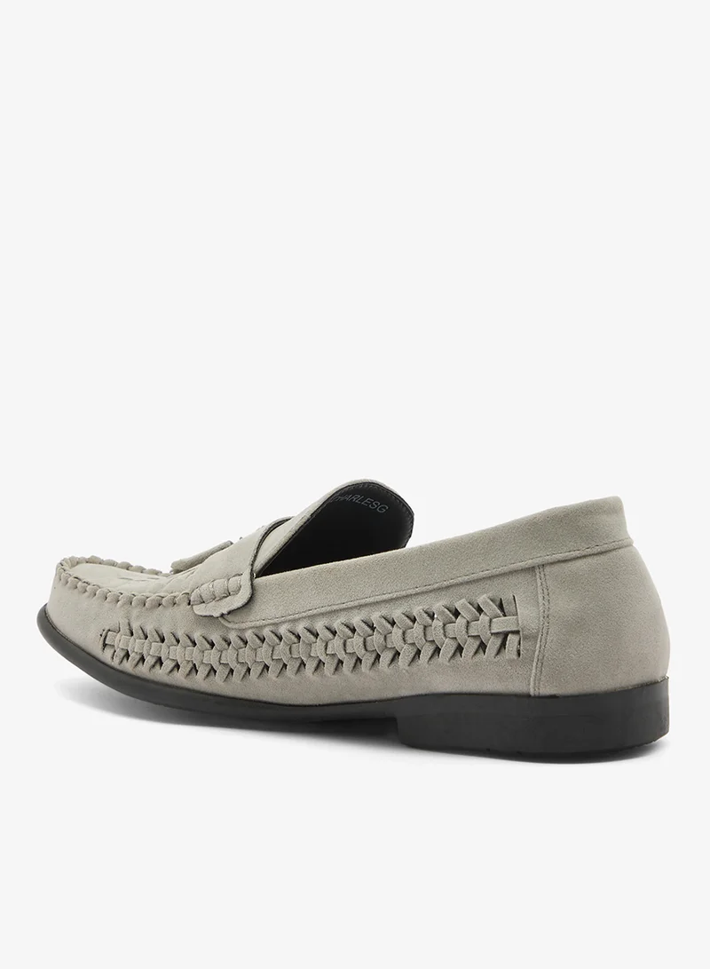 BRAVE SOUL MENS GREY FAUX SUEDE LOAFER WITH WOVEN DETAIL TASSEL