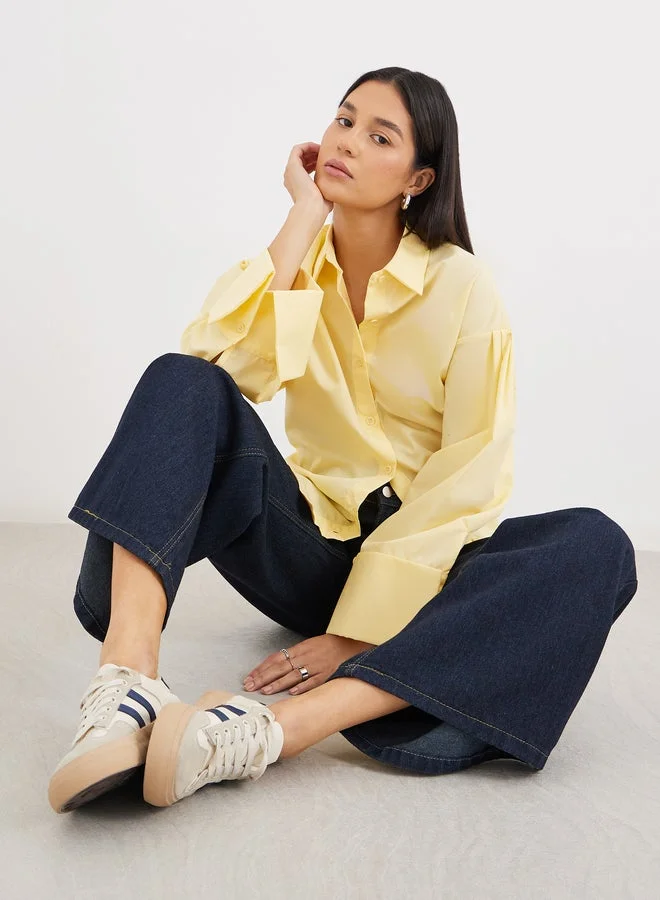 ستايلي قميص ستايلي أصفر واسع بأزرار للنساء