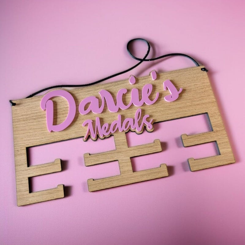 Personalised Medal Hanger | Wooden & Acrylic Medal Holder with Name | Custom Wall Display for Sports Awards | Kids Room Decor Gift for Him & Her | Size 26x14 cm (Baby Pink)