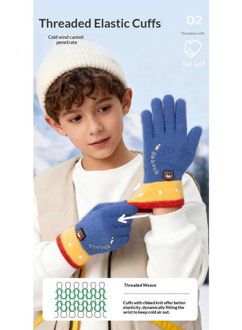 Autumn/Winter Five-Finger Knitted Gloves Children's Thick Warm Gloves Students Outdoor Cycling Sports Warm Gloves Blue - Image 5