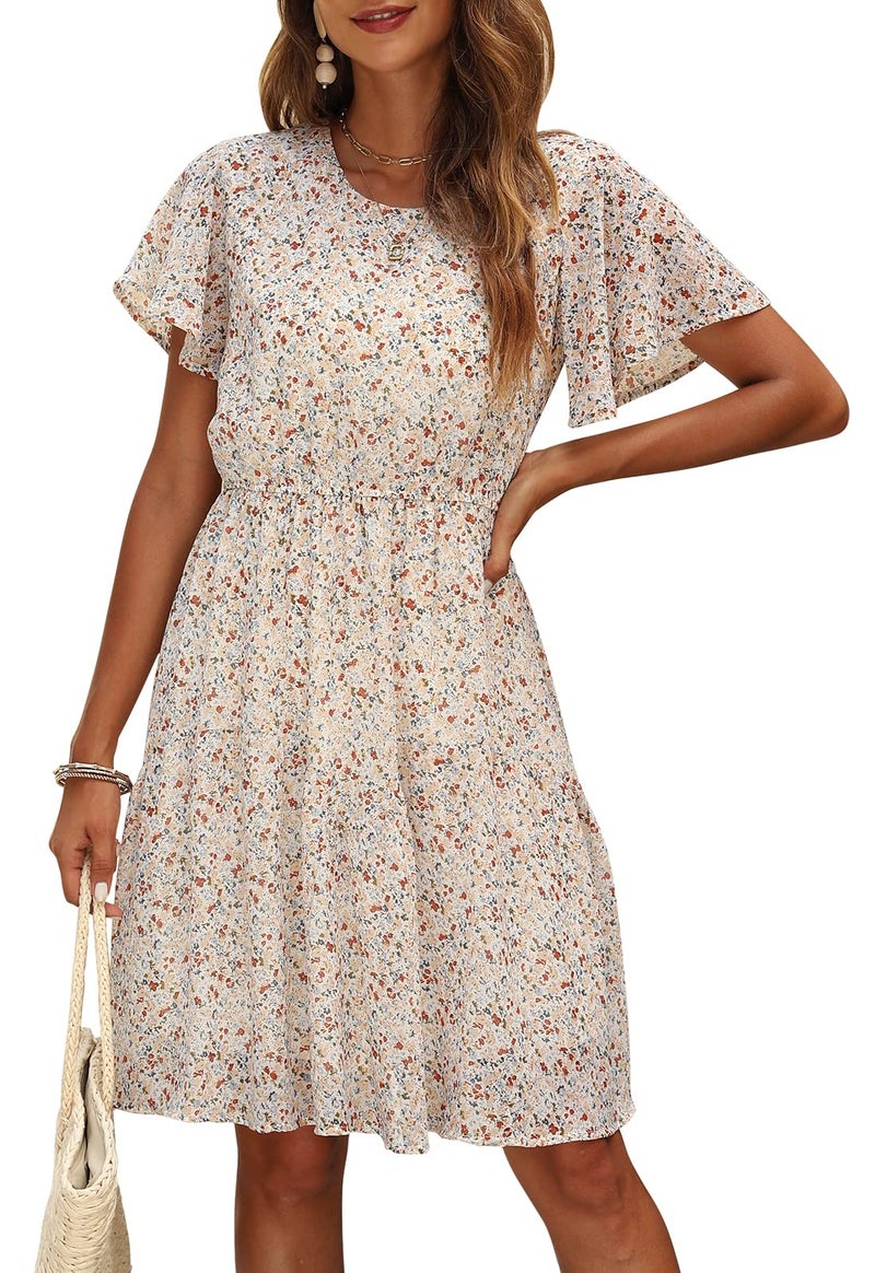 Manydress Women's Chiffon Floral Casual Summer Boho Flutter Sleeve Flowy Skater Western Dress MY112 (Beige Print, S) - Image 1