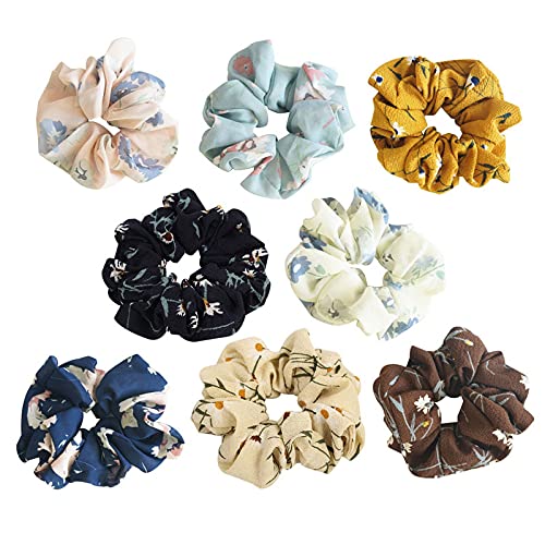 Belicia 8 Pack Colorful Bobbles Elastic Hair Bands Chiffon Floral Fabric Hair Ties 8 Colors - Image 1
