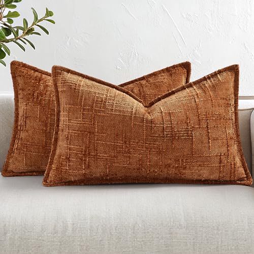 decorUhome Chenille Fall Throw Pillow Covers 12x20 Set of 2 Soft Textured Slubby Modern Decorative Pillow Covers with Elegant Design for Couch Sofa Living Room Rust - Image 1