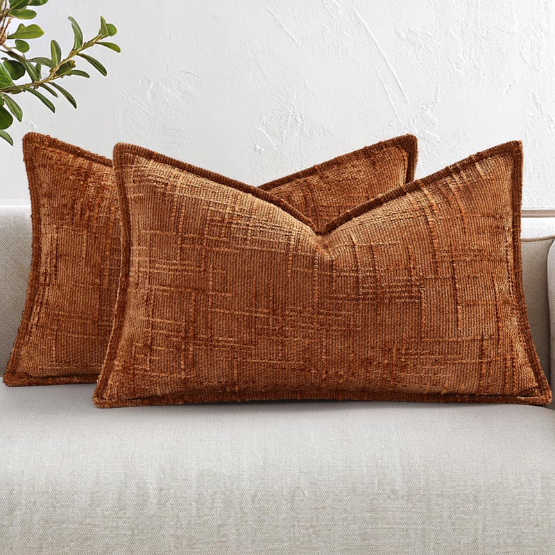 decorUhome Chenille Fall Throw Pillow Covers 12x20 Set of 2 Soft Textured Slubby Modern Decorative Pillow Covers with Elegant Design for Couch Sofa Living Room Rust - Image 2