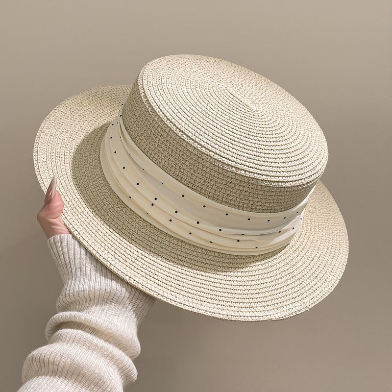 Beige French Elegant Polka Dot Straw Hat for Women - Image 1