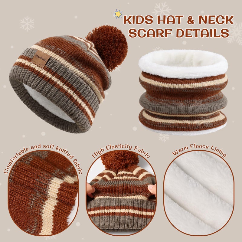BESSTEVEN Kids Winter Hat Gloves Scarf Set Child Beanie Neck Warmer Glove with Thick Warm Fleece Lining for 6-10 Years Old Girls Boys Children - Brown - Image 3