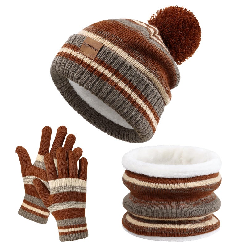 BESSTEVEN Kids Winter Hat Gloves Scarf Set Child Beanie Neck Warmer Glove with Thick Warm Fleece Lining for 6-10 Years Old Girls Boys Children - Brown - Image 1