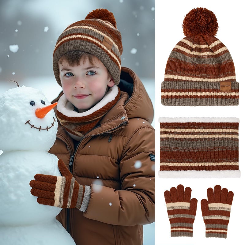 BESSTEVEN Kids Winter Hat Gloves Scarf Set Child Beanie Neck Warmer Glove with Thick Warm Fleece Lining for 6-10 Years Old Girls Boys Children - Brown - Image 2