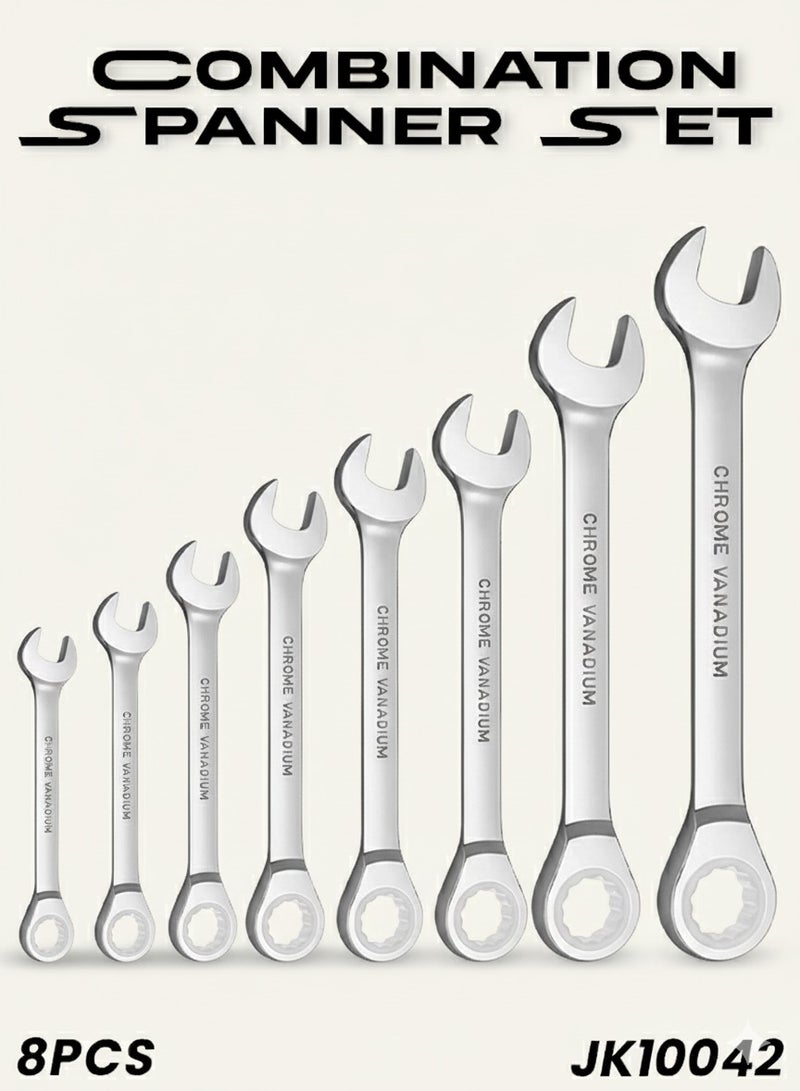 8 Pcs Combination Spanner Set 8-19 mm Chrome Vanadium Steel Open End Ring Spanner Kit Fully Hardened Mirror Finish Hand Tools for Mechanical Automotive Bicycle Plumbing Garage Workshop Repair Use Heavy Duty Professional Tool Roll Pouch Included H - Image 1