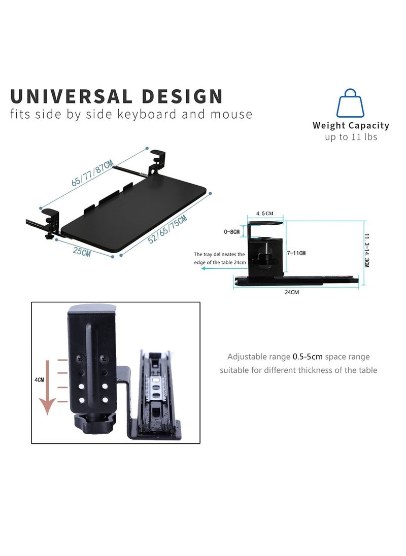 XICEN - Small Keyboard Tray Under Desk Pull Out with Extra Sturdy C Clamp Mount System 65x25cm(black) - Image 1