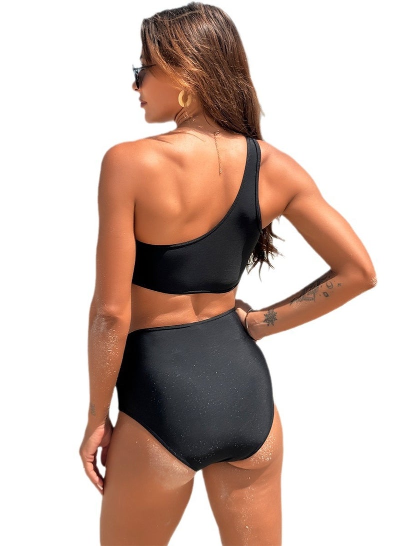 Loquat Women's Single Shoulder Padded Bikini Bra And Thong Bottom Swimwear Set Black - Image 3