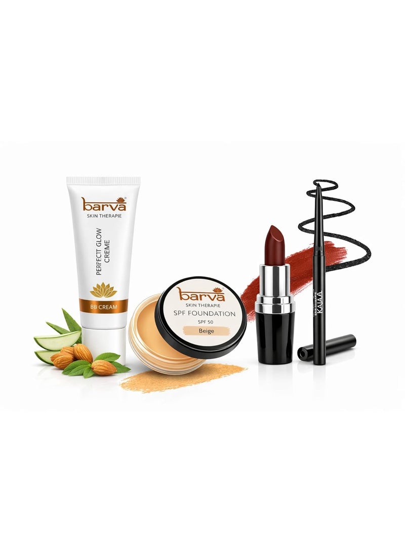 Barva Simple Makeover Kit – Ghee Enriched Makeup Combo | BB Cream 10ml, Kajal, Beige Foundation 9g& Lipstick (Passion 504) 4.3g | Complete Makeup Kit for Women | Daily & Travel Use - Image 1