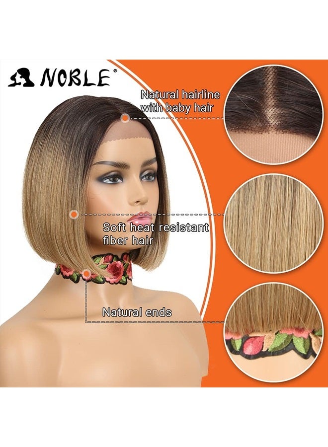 Noble باروكة بوب للنساء قصيرة T جزء باروكة دانتيل أمامي HD أومبري بني أشقر باروكات صناعية بقصة مستقيمة للبارتي والاستخدام اليومي 10 إنش - Image 2
