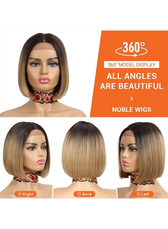 Noble باروكة بوب للنساء قصيرة T جزء باروكة دانتيل أمامي HD أومبري بني أشقر باروكات صناعية بقصة مستقيمة للبارتي والاستخدام اليومي 10 إنش - Image 4