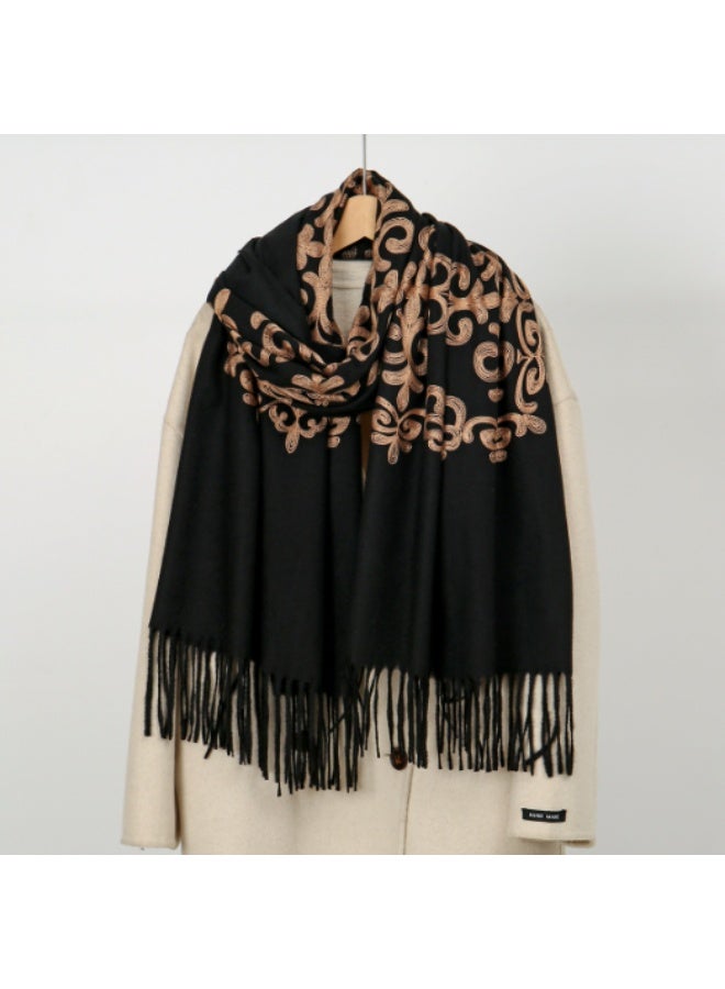 Women's Embroidered Faux Cashmere Long Scarf Shawl, Black - Image 3