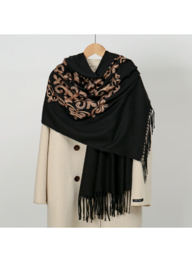 Women's Embroidered Faux Cashmere Long Scarf Shawl, Black - Image 1