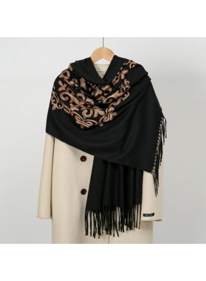 Women's Embroidered Faux Cashmere Long Scarf Shawl, Black - Image 2