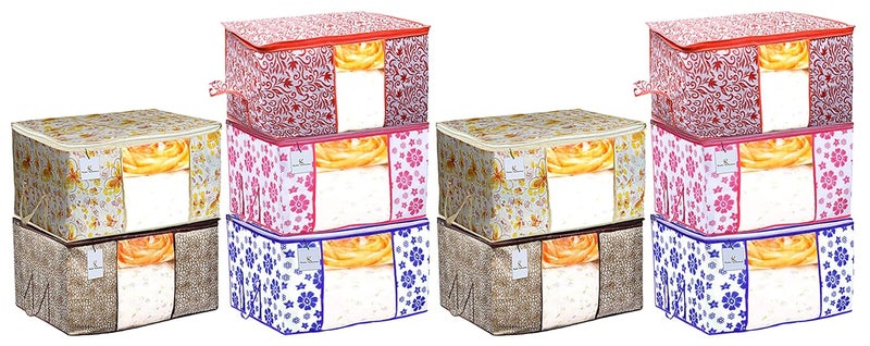 Kuber Industries Flower Leaf Printed 10 Piece Non Woven Fabric Underbed Storage BagCloth OrganiserBlanket Cover with Transparent Window Pink Blue Ivory Red Golden Brown Red CTKTC41264 - Image 1