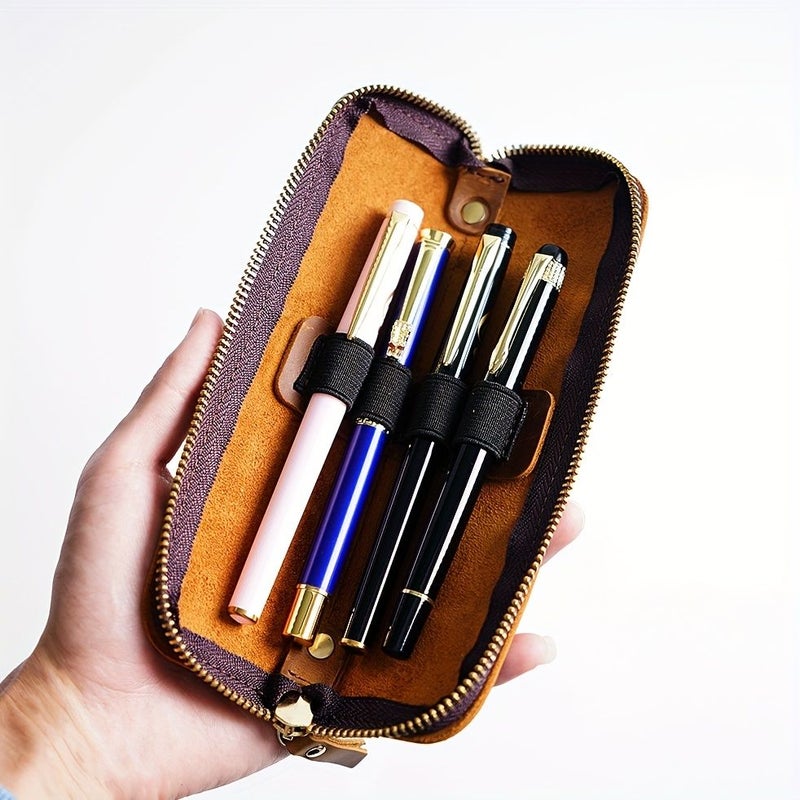 Coffee Color Top Grain Leather Zipper Pencil Case For Men Fountain Pens - Image 1